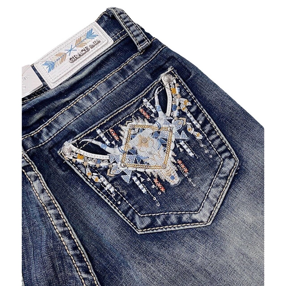 Grace in LA Women's Western Cow Head Crystal Embroidered Bootcut Stretch Jeans